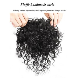 ICRAB Permanent Curly Human Hair Topper with Bangs Seamless Fluffy Short Curly Clip in Topper Hair Pieces for Women with Thinning Hair Cover Grey Hair Add Hair Volume(Black,Extended hair tail)