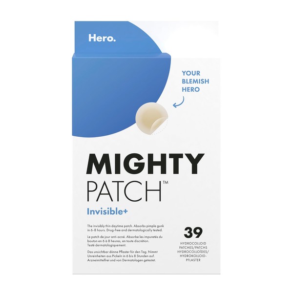 Hero – boîte de 39 Mighty Patch Invisible+ – pour jour, anti-acné – hydrocolloïdes – Absorbe les impuretés du bouton en 6 à 8 heures en toute discrétion