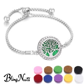 BlingNuts Tree of Life Essential Oil Diffuser Bracelet Stainless Steel Family Tree CZ Aromatherapy Locket Scent Bracelet with 10 Refill Pads