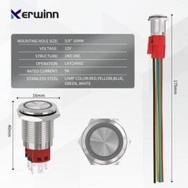KERWINN 16MM Latching Push Button Switch with Light Reset Self-Locking 12VDC with Wire 1NO1NC