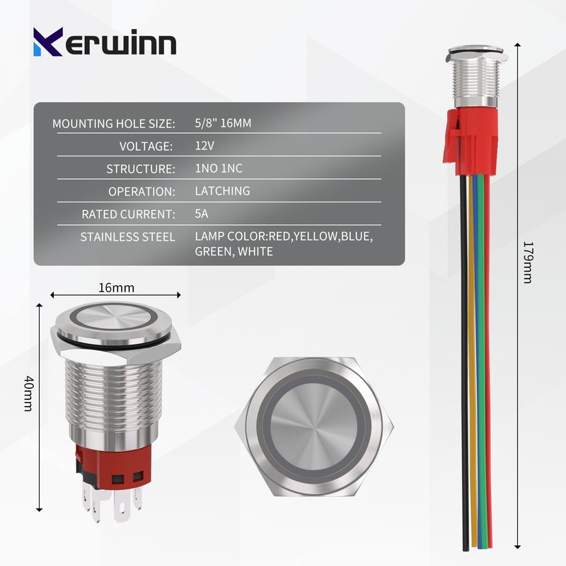 KERWINN 16MM Latching Push Button Switch with Light Reset Self-Locking