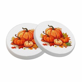 Autumn Leaves & Pumpkins Coasters - Set of 2 Unique Cute Cork Ceramic Absorbent Drink Coasters for Coffee Table, Cup & Bar