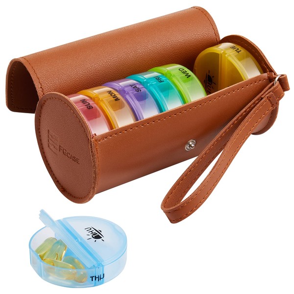 Weekly Pill Organizer 2 Times a Day, Large 7 Day Pill Box with PU Case FGcase AM PM Pill Box Daily Pill Cases Medicine Box - Rainbow Brown