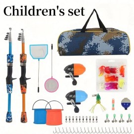 Telescopic Pmma Fishing Rod and Reel Combo for Kids Child Rod Reel Lure Frog Hook Box Bag in One SetLength: 1.5m, Color: blue and orange fishing pole kit