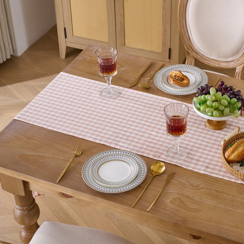 Cobedzy Plaid Gingham Ruffle Table Runner, Pink 13" x 72"