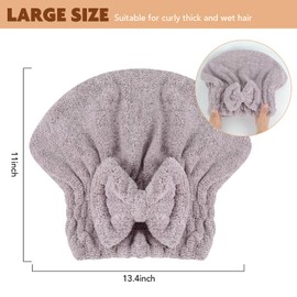 SUNLAND Large Microfiber Hair Drying Caps with Bow knot Fast Drying Shower Cap Soft and Absorbent hairWrap Hair Turban Bath Caps for Curly Thick and wet Hair 11 X 13.4 inch 2 Pack Purple