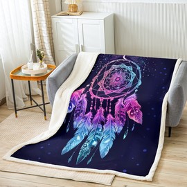 Girls Dreamcatcher Plush Throw Blanket Daughter Boho Dream Catcher Fleece Blanket Bohemian Mandala Sherpa Blanket for Sofa Couch Pink Blue Indian Feather Decor Fuzzy Blanket Throw 50"x60"