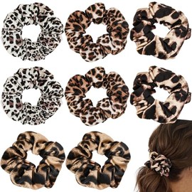 8 PCS Leopard Hair Scrunchies Elastics Hair Bobbles Leopard Print Hair Rope Smooth Ponytail Scrunchies Vintage Large Scrunchie Ponytail Holder Accessories for Women Girls