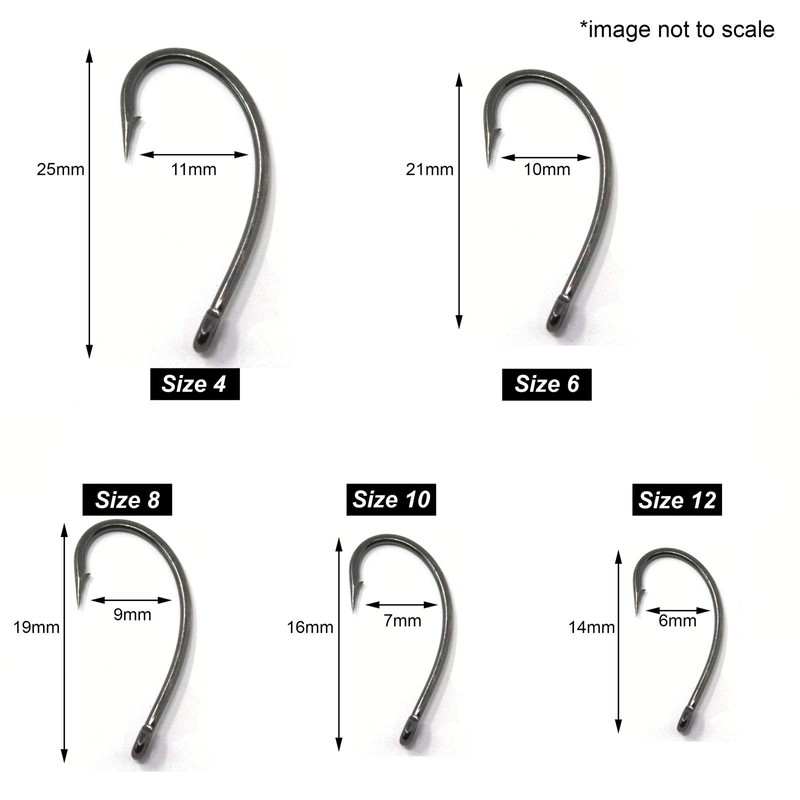 Phoxinus Curve Shank Carp Hooks, 50 Pack, Barbless, Size 12.