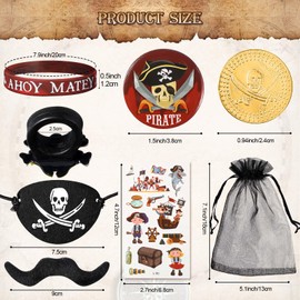 Harrycle 144 Pcs Pirate Party Favors Supplies Include Pirate Bracelet Nautical Tattoo Button Pin Eye Patch Gold Coin Gem Ring Mustache Organza Bag for Kids Boy Pirate Birthday Party Goodie Bag Fillers