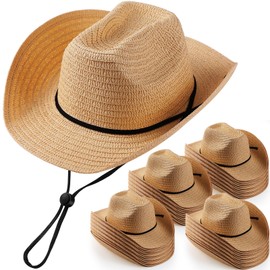 48 Pcs Adult Cowboy Hat Bulk Western Party Straw Hat Unisex Cowboy Cowgirl Hat Set Straw Sun Hat for Women Men (Khaki)