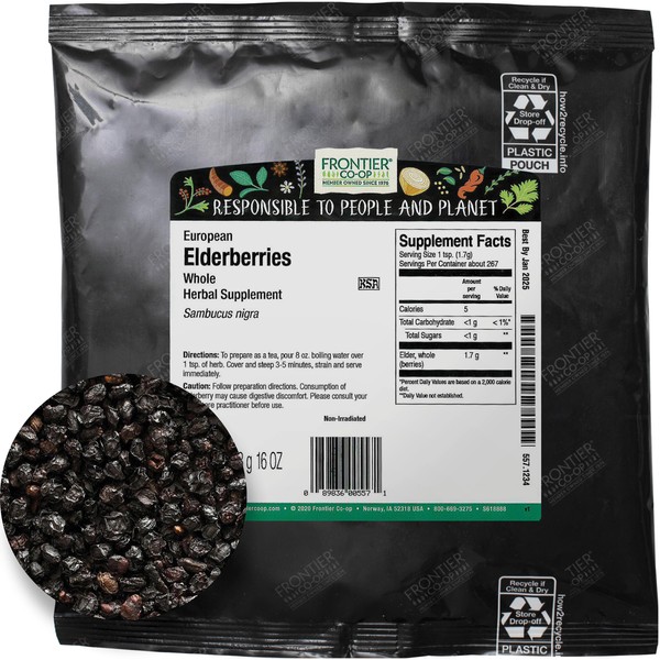 Frontier Co-op Dried Elderberries, European Whole | Kosher & Non-GMO | For Making Tea, Syrup, Gummies | 1 Pound Bulk Bag - Pack of 3 | Sambucus nigra L.