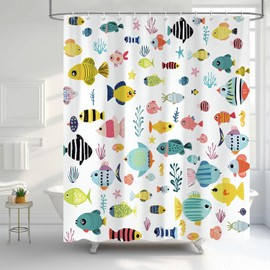 Funny Kids Shower Curtain, Cute Colorful Cartoon Fish Ocean Beach Theme Bath Curtains for Bathroom, Underwater Coastal Submarine Animal Decor Waterproof Fabric Shower Curtain Sets 12 Hooks 72X72 IN