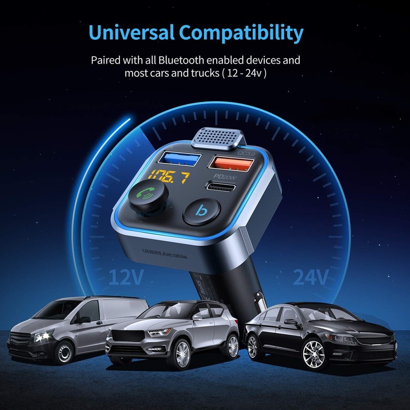 UNBREAKcable Bluetooth 5.3 FM Transmitter for Car, [PD 20W +