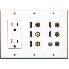 RiteAV (3 Gang 15 Amp Outlet 5 HDMI Coax Composite RGB Video RCA White Yellow Wall Plate