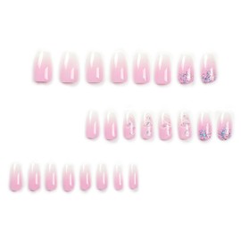 Square Press on Nails Short Pink Gradient Artifical Acrylic Fake Nails Flower Glitter Sequins Design French False Nails Full Cover Coffin Nails Nature Fit Stick on Nails Kit Glue on Nails for Women