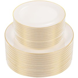 PULOTE 100PCS Ivory Plastic Plates - Cream Plastic Disposable Heavy Duty for Party & Wedding - Include 50 Each (Dinner & Dessert) Plates