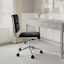 Martha Stewart Lulu Swivel Task Chair with Height Adjustable Seat for Home Office in Black Faux Leather with Polished Nickel Frame