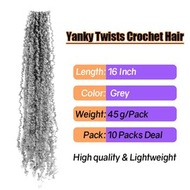LOCSBYHAND 16 Inch 10 Packs Yanky Twist Crochet Hair Pre-twisted Gray Kinky Mini Spring Twist Plus Small Curly Senegalese Twist Braids (Grey)