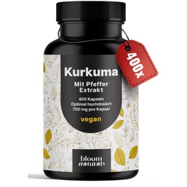 Turmeric Capsules High Dose - 400 Capsules (13 Months) with 700 mg with Curcumin & Piperine - Vegan and with Love from Germany - Curcuma Capsules - Laboratory Tested - Packaging May Vary