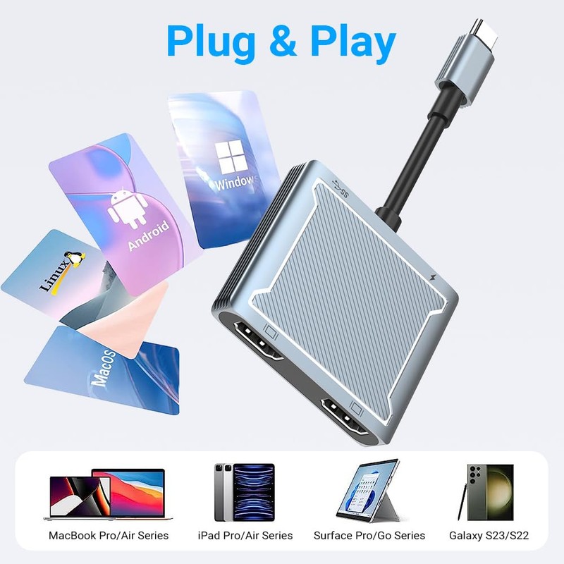 Azhizco Dual HDMI Adapter USB C Hub, Triple Display USB