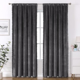 VANASEE Pompom Velvet Curtains for Bedroom Rod Pocket 52x84 inch Soft Blackout Window Curtains Room Darkening Drape Light Blocking for Living Room 2 Panels,Dark Grey