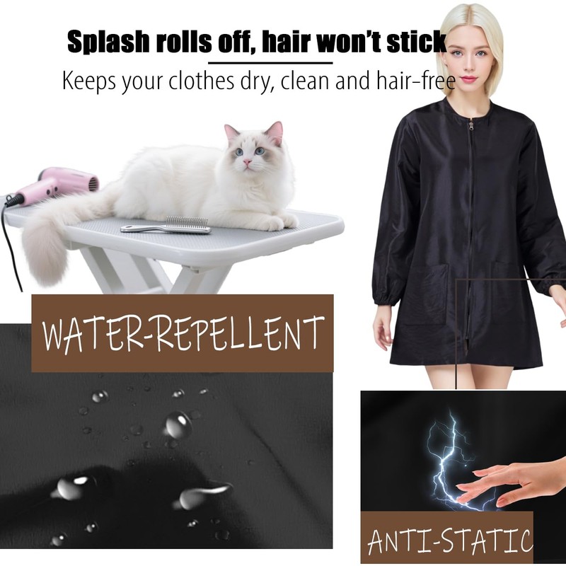 Dog Grooming Smock Long Sleeves Water-Repellent Hair-Proof (Black, M)
