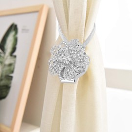 Retractable Magnetic Flower Curtain Clip Buckle Belt,Holder Tie Accessories Home Crystal Holdbacks with Stainless Steel Spring Wire Decorative Hold Backs for Office Decoration Tiebacks (Silver)