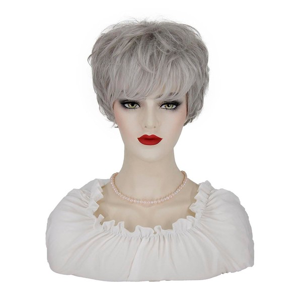 KEAT Short Grey Wig for White Women Silver Grey Curly