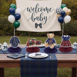 Gueevin 14 Pcs Tartan Plaid Style Bear Baby Shower Decorations Brown Blue Bear Baby Shower Honeycomb Centerpieces 3D Table Decorations for Neutral Gender Reveal Vintage Birthday Party Supplies