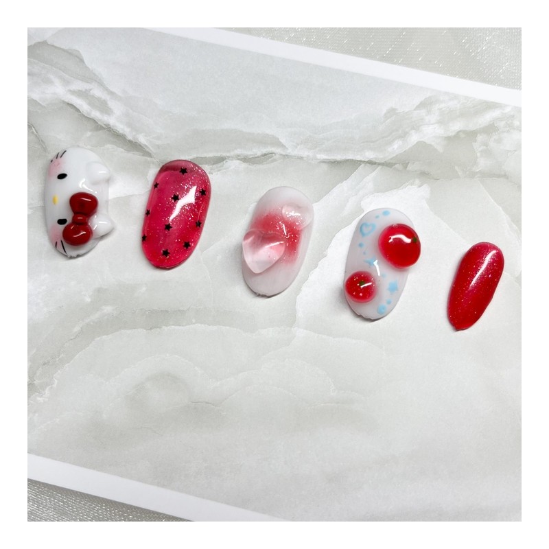 [Handmade Nail Tips] Tomato Horizontal Cat Nails - Coffin Egg
