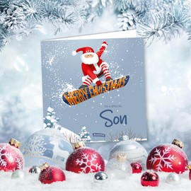 Christmas Card for Son. Snowboarding Santa Design. Eco-friendly & UK Made. Verse Inside. 148x148mm card size.