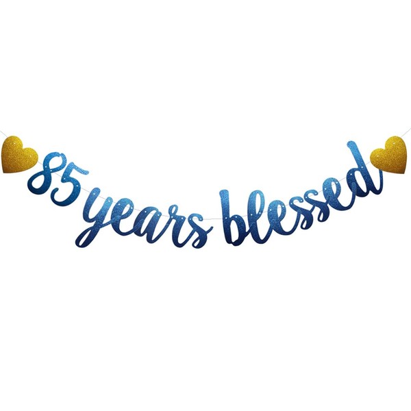 85 Years Blessed Banner, Pre-Strung, Blue Glitter Paper Garlands for