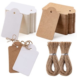 Homum 200pcs Premium Gift Tags with String - 100pcs White Gift Tags and 100pcs Brown Gift Tags, Double-Sided Available Price Tags, Jewelry Tags for Wedding Christmas Day Thanksgiving