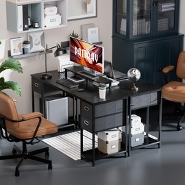 Pamray 55 Inch Computer Desk with Non-Woven Storage Drawers and Monitor Stand Home Office Desk for Bedroom Study Table Writing and Work Desk Black