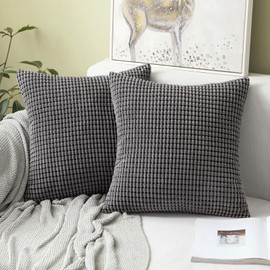 MIULEE Set of 2 Decorative Corduroy Grey Cushion Covers 22x22 Inches, 55cm x 55cm Striped Solid Square Throw Pillow Cases for Sofa Couch Home Bedroom Grey