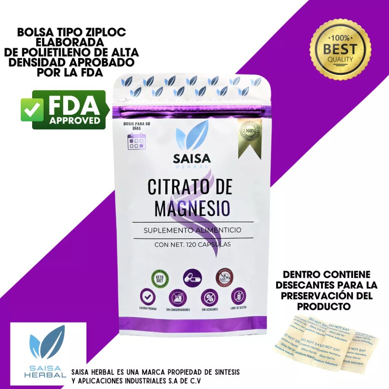 Saisa Herbal Citrato De Magnesio 120 Cápsulas Sabor Sin sabor