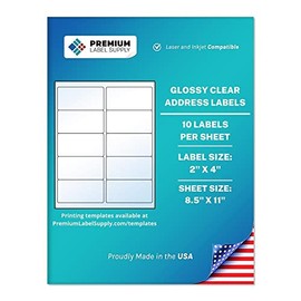 Premium Label Supply Glossy Clear Address Labels – 2" x 4" – Laser/Inkjet Compatible – (10 per Sheet), 10 Sheets – 100 Total Adhesive Labels