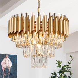 AXILIXI Gold Crystal Chandeliers 16” Modern Ceiling Pendant Light Fixture for Dining Room 3 Tiers Dimmable Round Flush Mount Chandeliers for Living Room Foyer Bedroom Kitchen