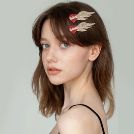 Valentine's Day Hair Clip for Women Girls 4pcs Glitter Red Heart Angel Wings Shape Hair Clip Baby Kids Valentines Hairpin Barrette Hair Accessories TSFJ90 (Gold White, One Size)