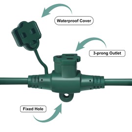 25FT Outdoor Extension Cord,5 Evenly-Spaced Outlet Plugs,Green Outdoor Power Strip,Multiple Outlets with Weatherproof Extension Cord.