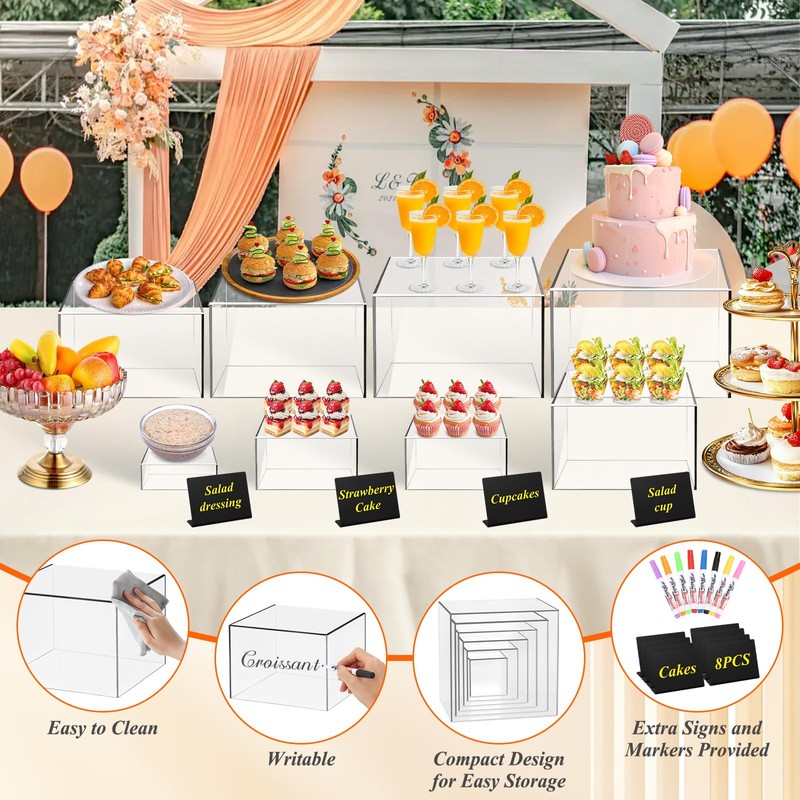 8 Pcs Clear Acrylic Buffet Risers with Mini Sign and