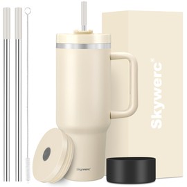 Vaso de 40 onzas con mango y pajita, 2 tapas (2 en 1 y tapa a prueba de fugas) – Botella de agua de doble pared de acero inoxidable aislada al aspiradora, taza de café de viaje, regalos de día festivo