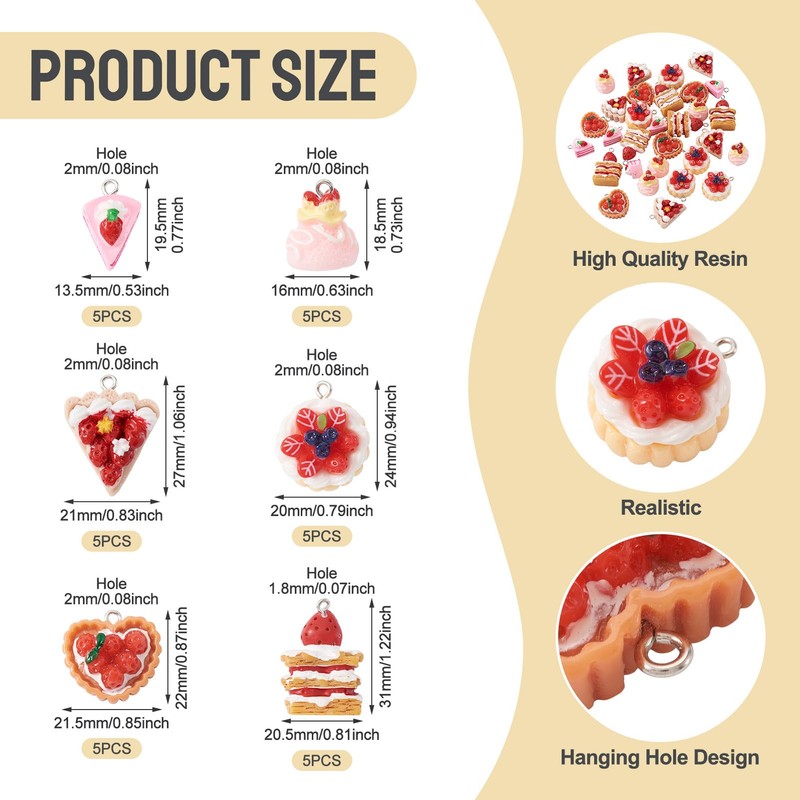 FASHEWELRY 30Pcs Resin Dessert Pendants 3D Imitation Food Charms Strawberry