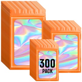 Funfery 300 Pack 3 Size Mylar Holographic Bags with Clear Window,Resealable Bag Smell Proof Foil Baggies Packaging Pouch for Food Storage,Sample,Small Business(Orange,3x4.7,4x6,4.7x7.9in)