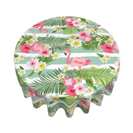 FlamingoTablecloth Tropical Palm Leaves and Flowers Round Table Cloths Summer Turquoise White Stripes Circular Table Cover Washable Polyester Tabletop for Dining Kitchen Picnic Party Decor 60 Inch