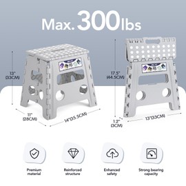 Delxo Folding Step Stool, 13 inch Non-Slip Foldable Stools for Kids & Adults Up to 300 LBS, Step Stool with Handle, Lightweight for Kitchen, Bathroom, Bedroom, Garden, Grey, 1PC