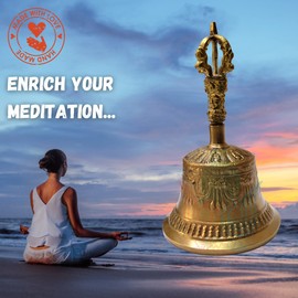 Sweet Us Solid Sturdy Antique Brass Hand Bell and Pouch, Tibetan Buddhist Meditation Bell, Prayer Bell, Dinner Bell, Sweet Melodic Wedding Bell, Service Call, School Bell, 5.75-in High