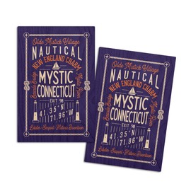 Mystic, Connecticut, Symmertrical Typography (4x6 Birch Wood Postcards, 2-Pack Stationary, Rustic Home Wall Decor)