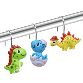Faitove Dinosaur Shower Curtain Hooks Rings Kids Cute Dino Decorative Shower Hooks for Shower Curtain Funny T-Rex Bathroom Decor Colorful Resin Hangers Boys Girls 12 PCS